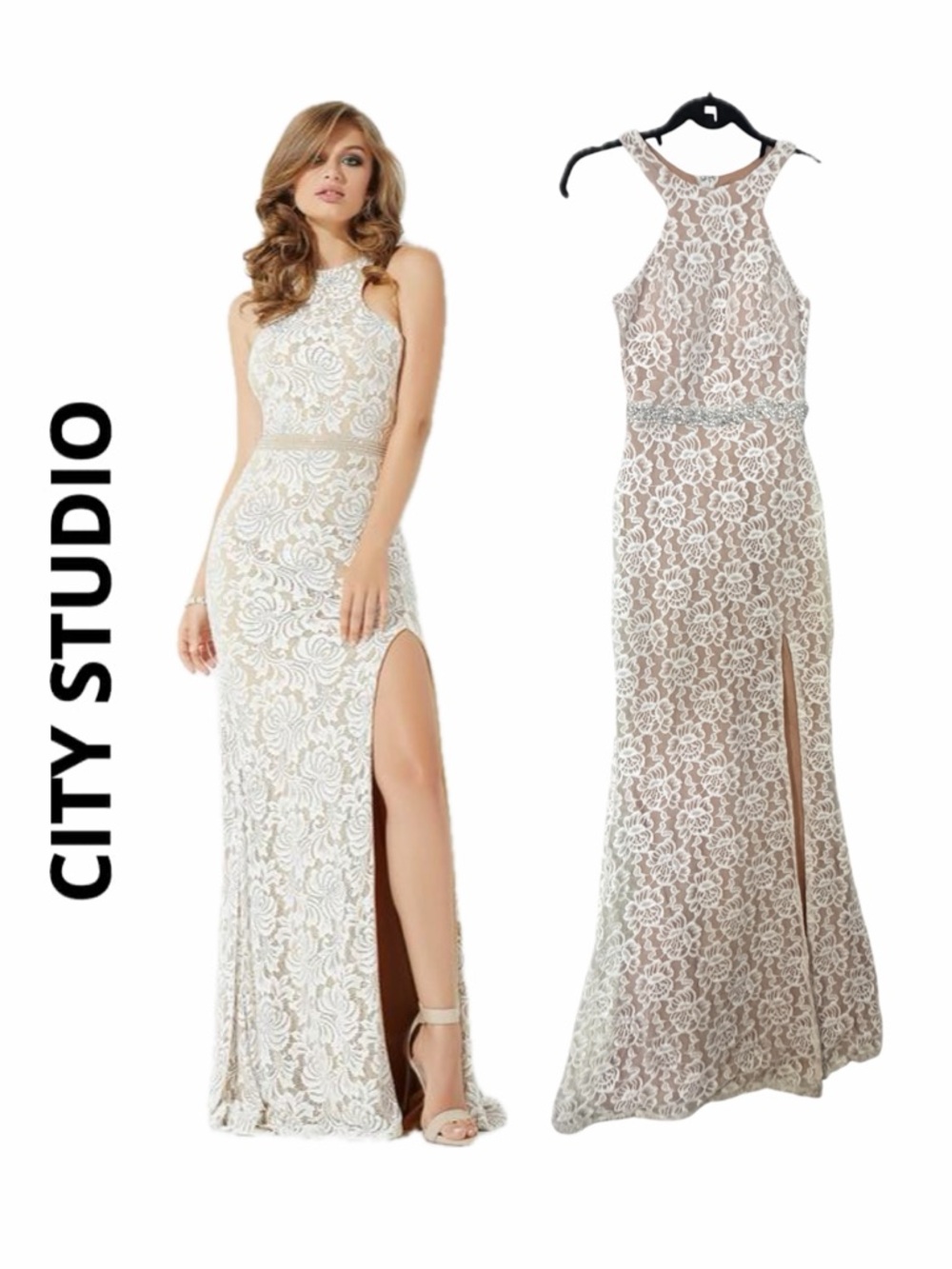 City Studio Lace Halter Dress Leg Slit Gown Ivory Embellishment Waistband Prom‎